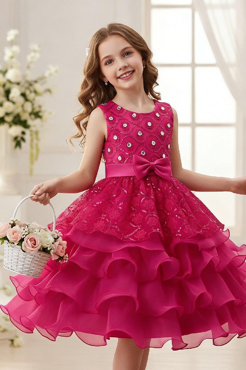 Ball Gown Round Neck Sleeveless Ruffled Organza Knee Length Flower Girl Dresses 1029768586286 - 7 Days / Fuchsia / 110cm - COCOMELODY